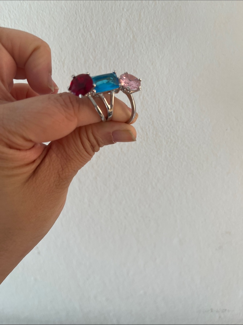 Three-Stone Silver Ring Set with Blue, Red and Pink Stones